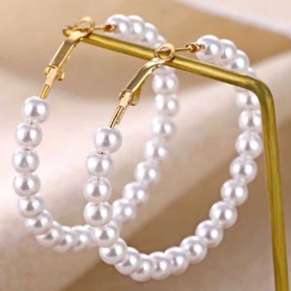 Faux Pearl Hoops in Gold